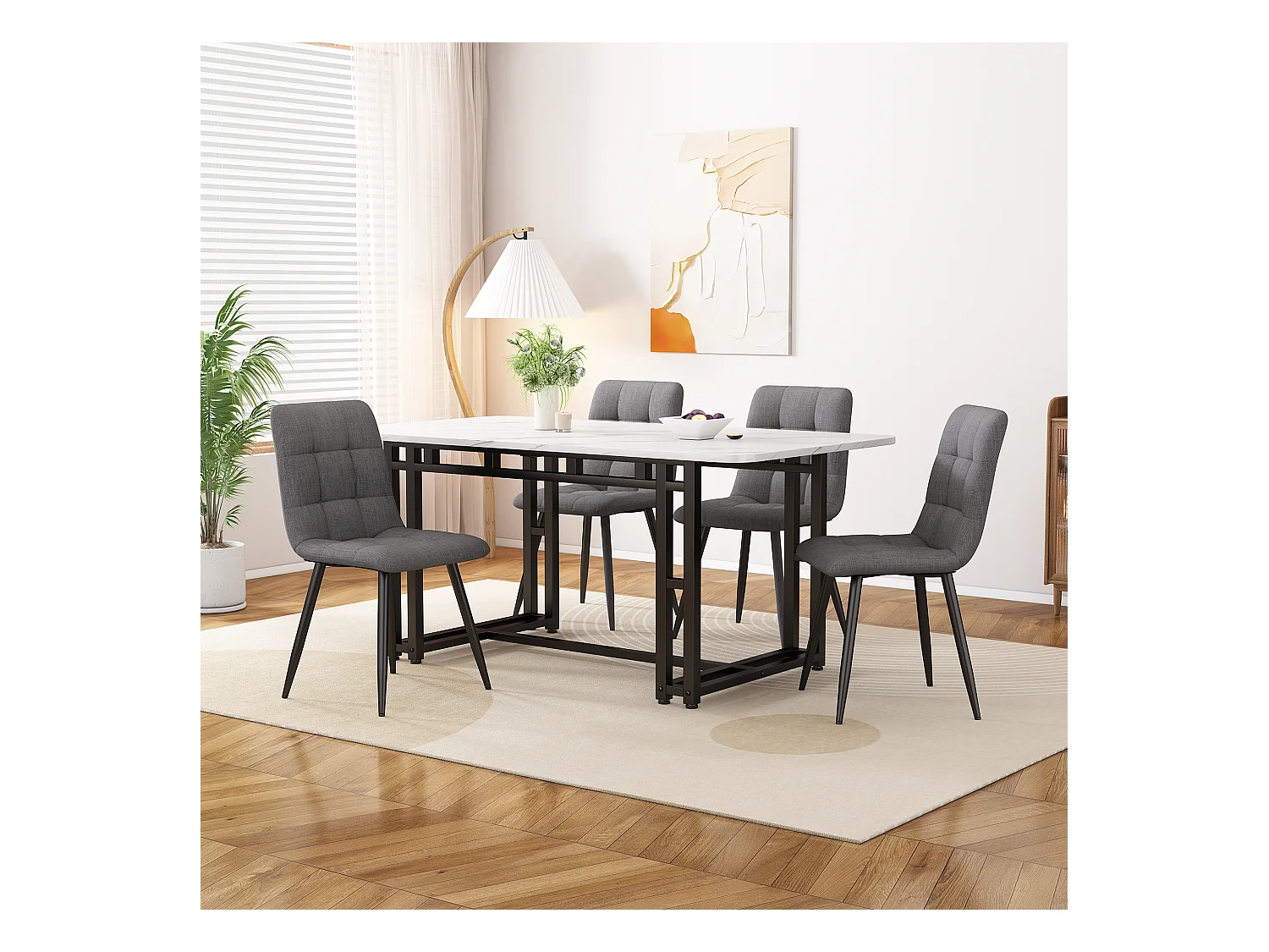 Ensemble table + 4 chaises en lin - table 120 x 70 cm - pièds en métal - gris et blanc