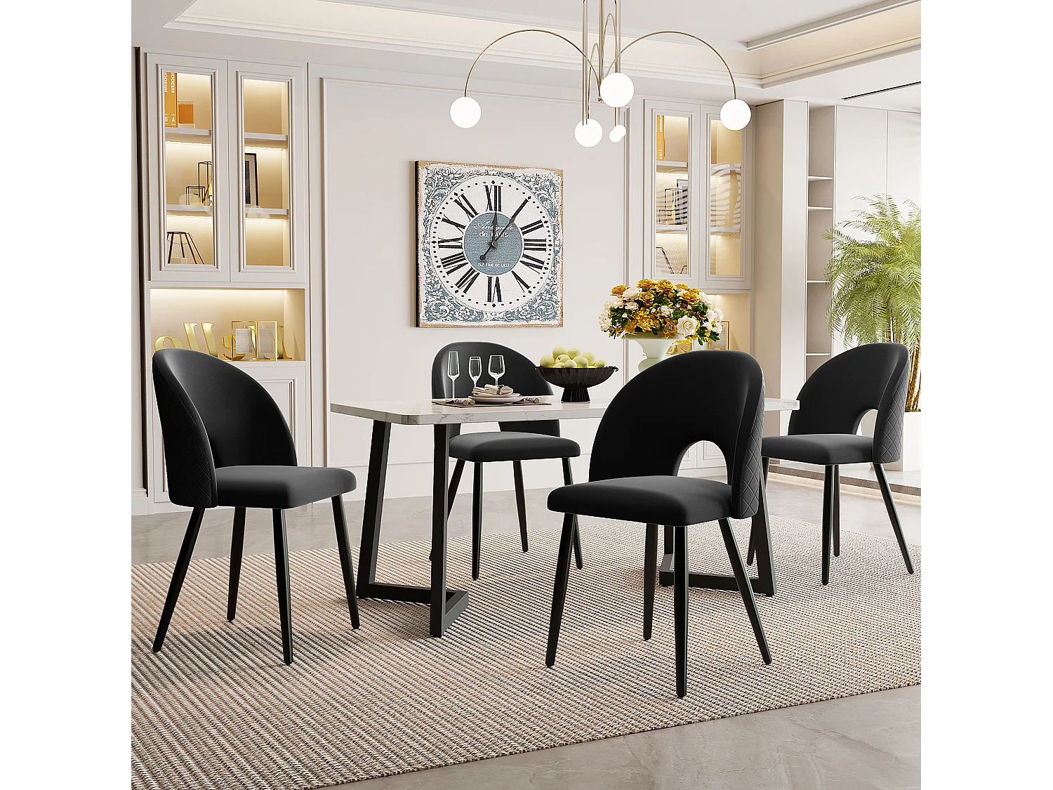 Ensemble table + 4 chaises en velours - MDF + métal - Noir