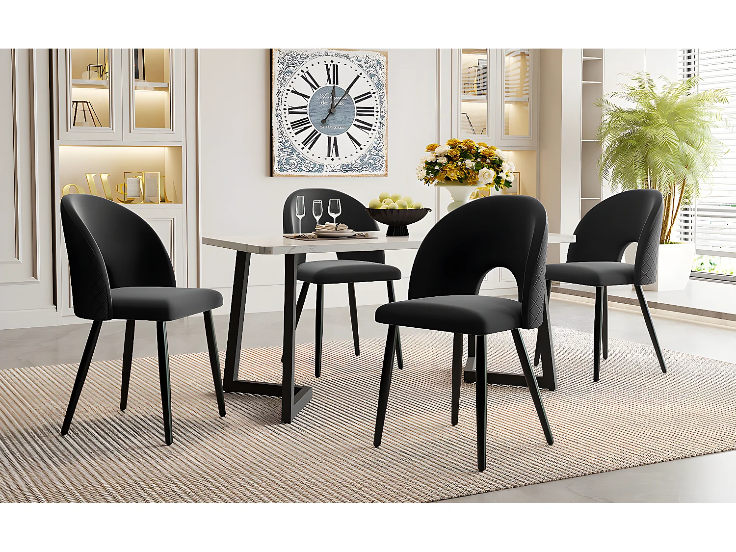 Ensemble table + 4 chaises en velours - MDF + métal - Noir
