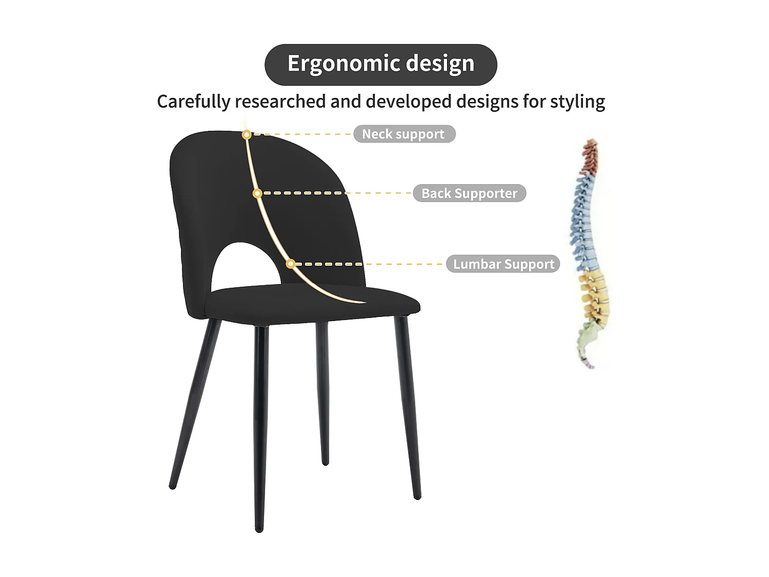 Ensemble table + 4 chaises en velours - MDF + métal - Noir