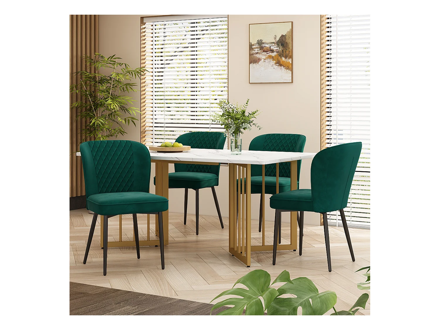 Eettafelset met 4 fluwelen stoelen - MDF hout en goud metaal - Groen