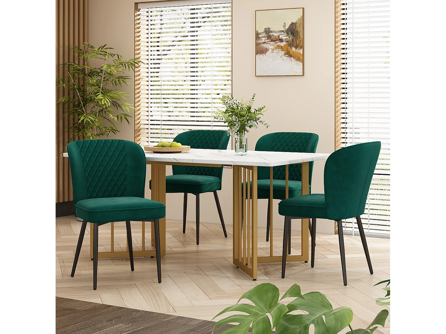 Juego de mesa de comedor con 4 sillas de terciopelo - Madera MDF y metal dorado - Verde