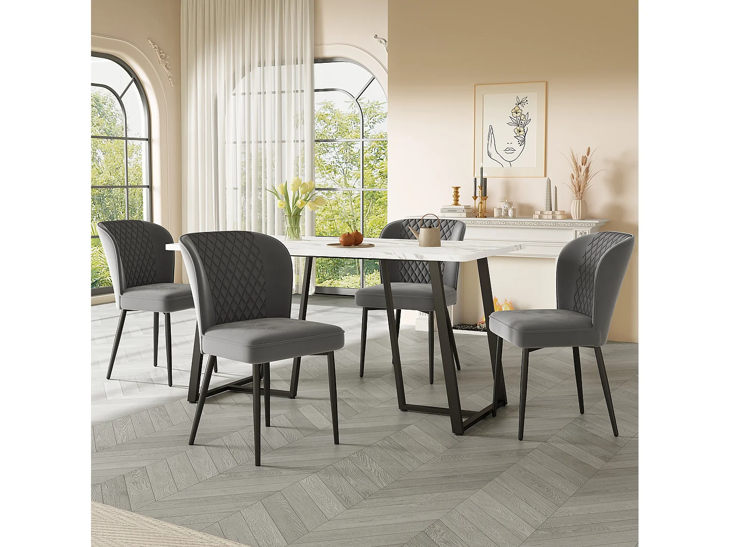 Tafelset met 4 fluwelen stoelen - MDF + metaal - grijs