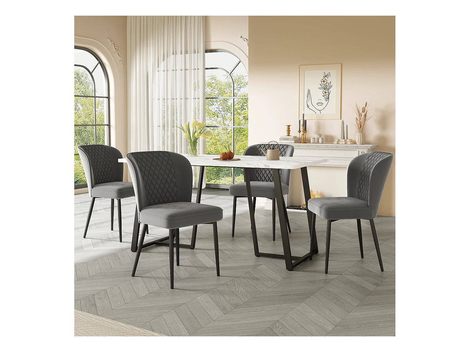 Ensemble table avec 4 chaises en velours - MDF + métal - gris