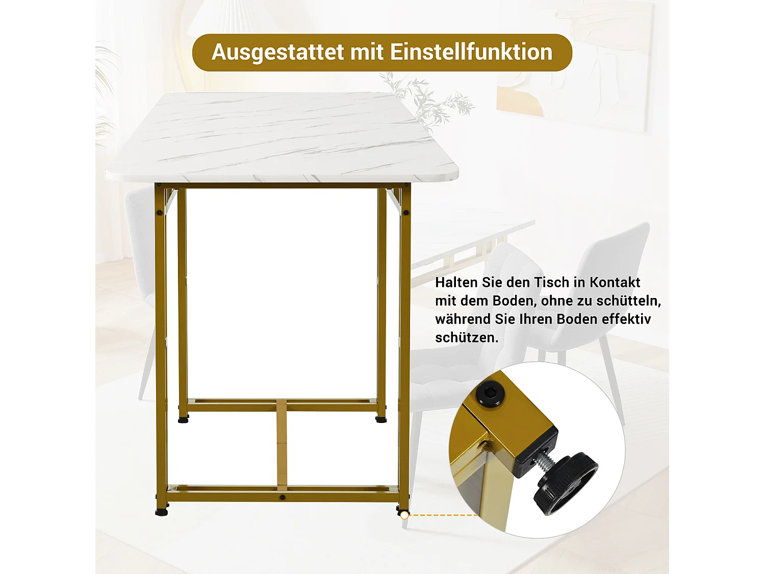 Tafelset + 4 linnen stoelen - tafel 120 x 70 cm - goud metalen poten - grijs en wit