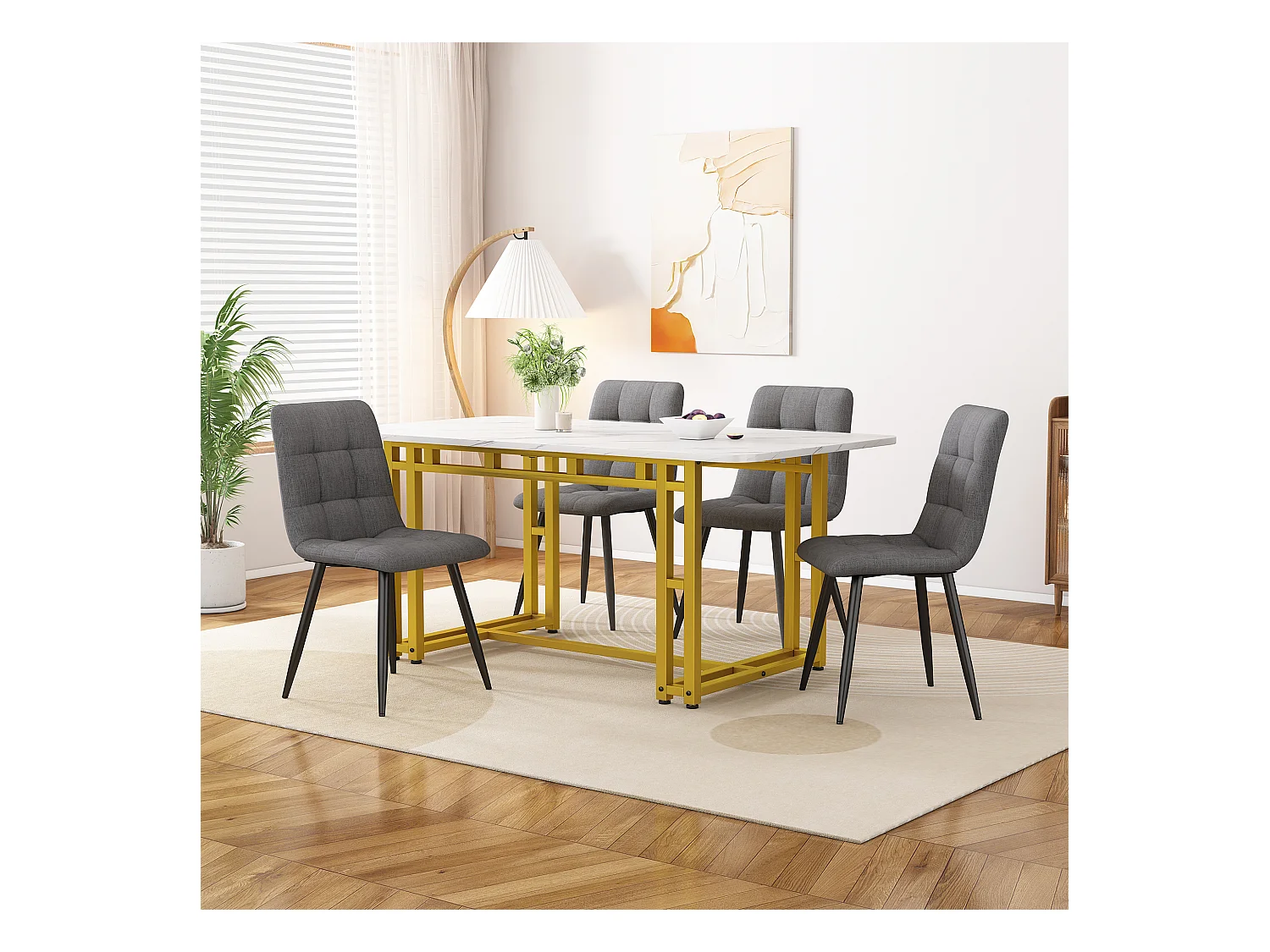 Ensemble table + 4 chaises en lin - table 120 x 70 cm - pièds en métal doré - gris et blanc