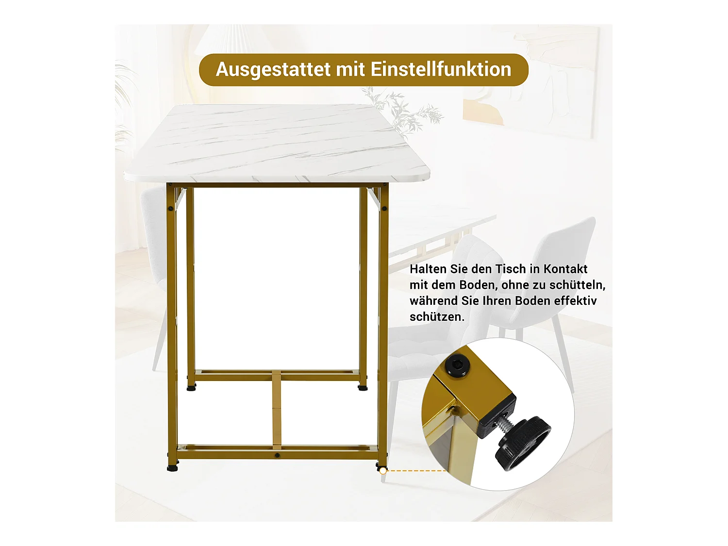 Tischset + 4 Leinenstühle – Tisch 120 x 70 cm – goldene Metallbeine – Grau und Weiß