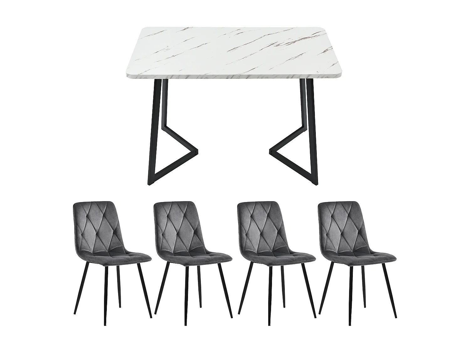 Tafelset + 4 fluwelen stoelen - metalen poten - grijs en wit