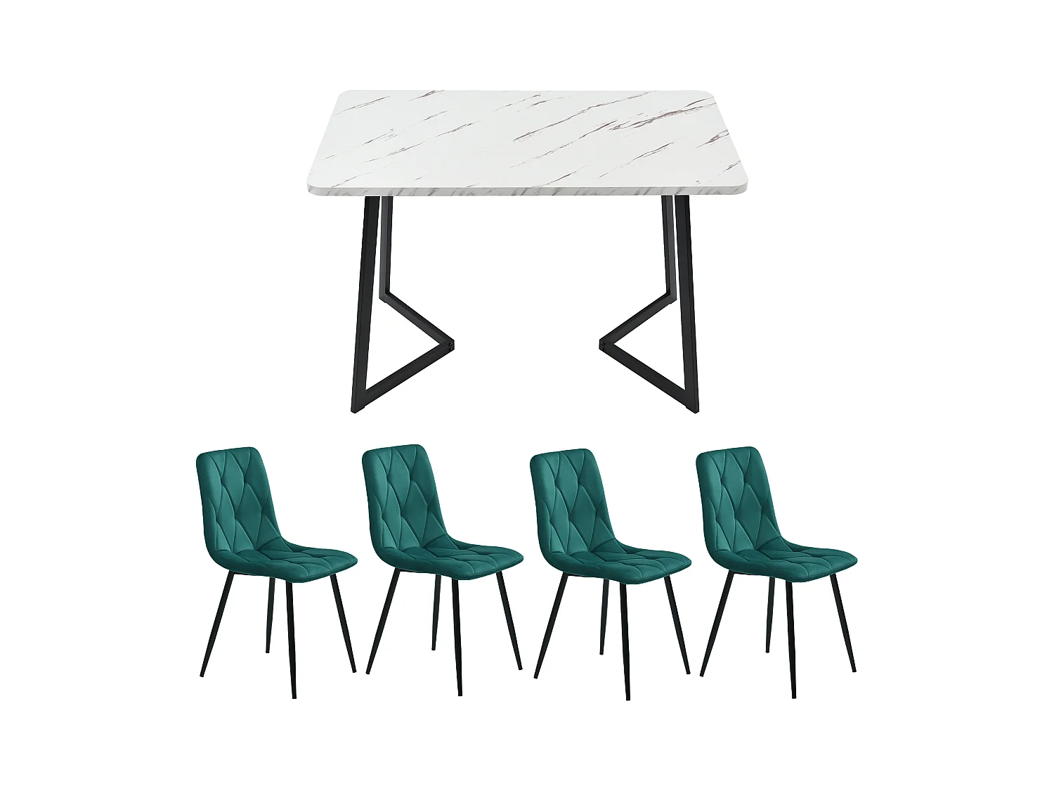 Ensemble table + 4 chaises en velours - pièds en métal - vert et blanc