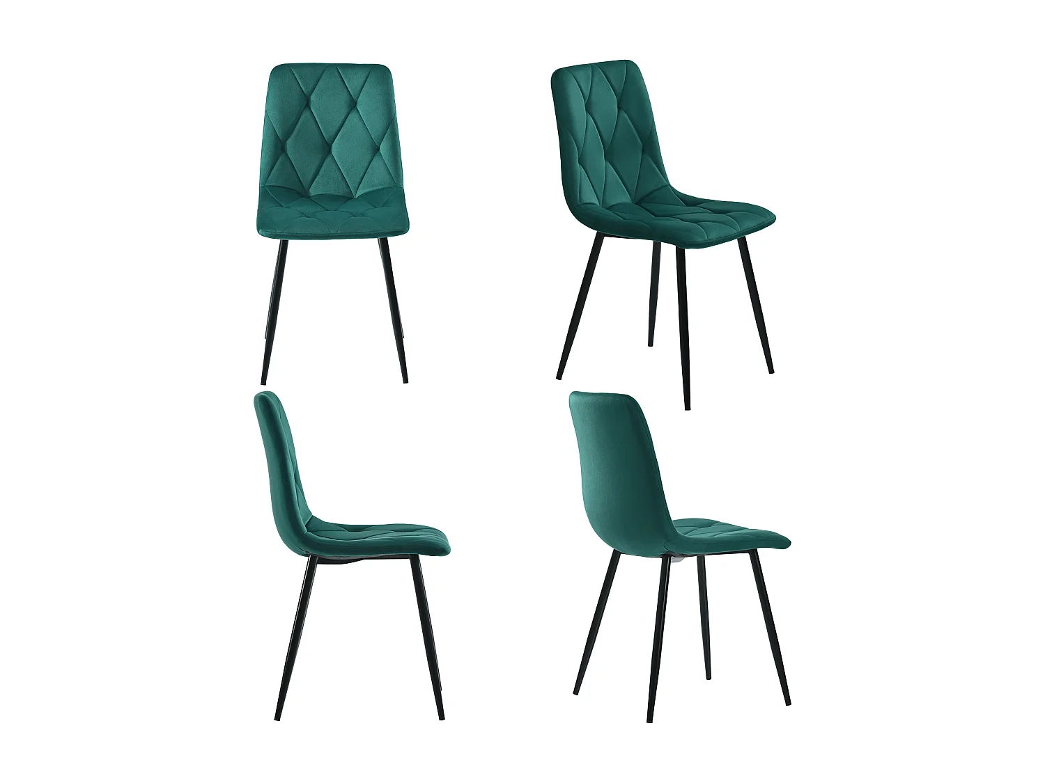 Ensemble table + 4 chaises en velours - pièds en métal - vert et blanc