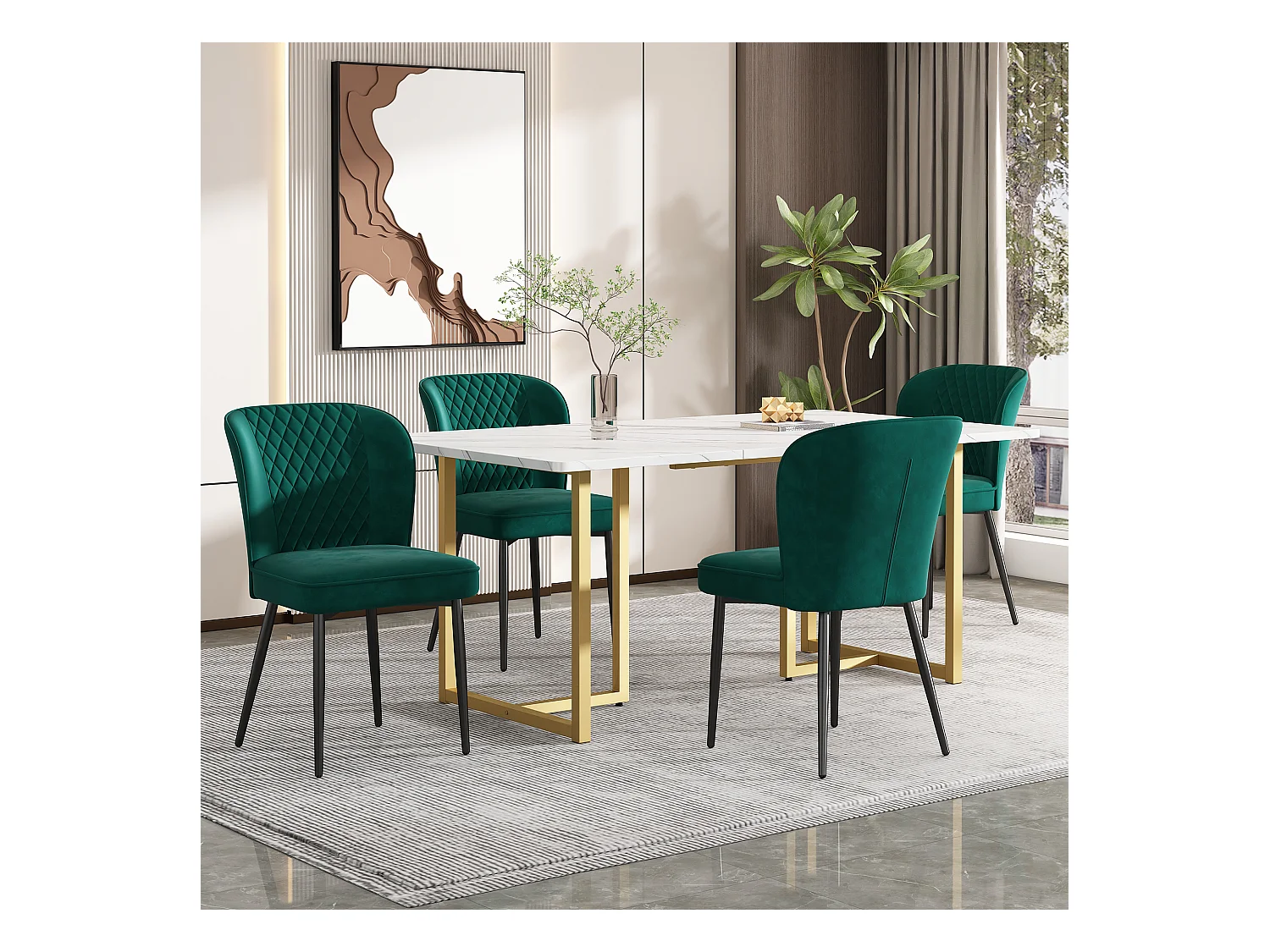 Eettafelset 140 x 80 x 75 cm met 4 fluwelen stoelen - MDF hout en goud metaal - Groen