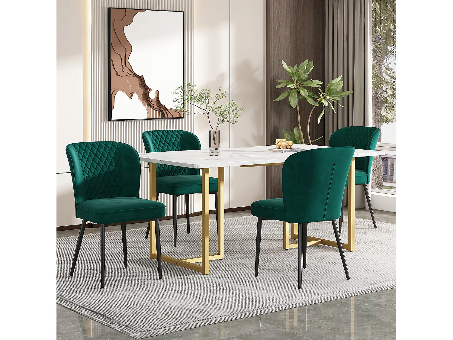 Eettafelset 140 x 80 x 75 cm met 4 fluwelen stoelen - MDF hout en goud metaal - Groen