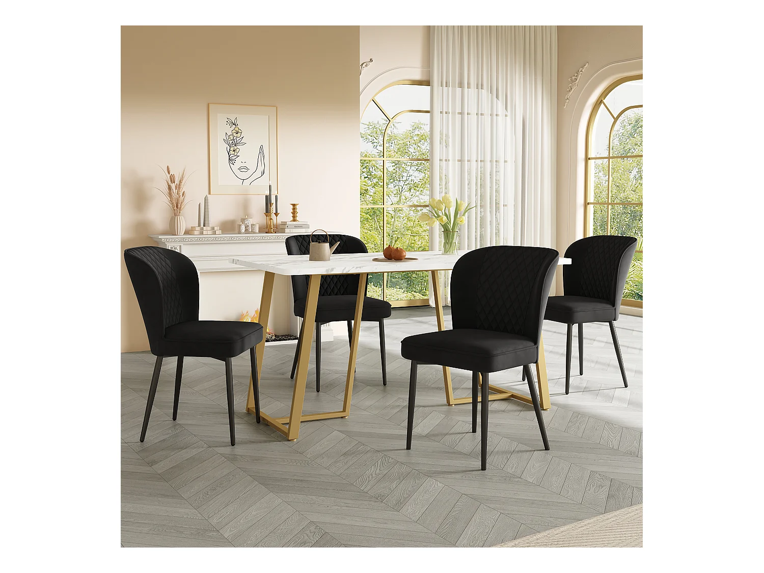Ensemble table à manger 140 x 80 x 75 cm avec 4 chaises en velours - MDF + métal doré - Noir