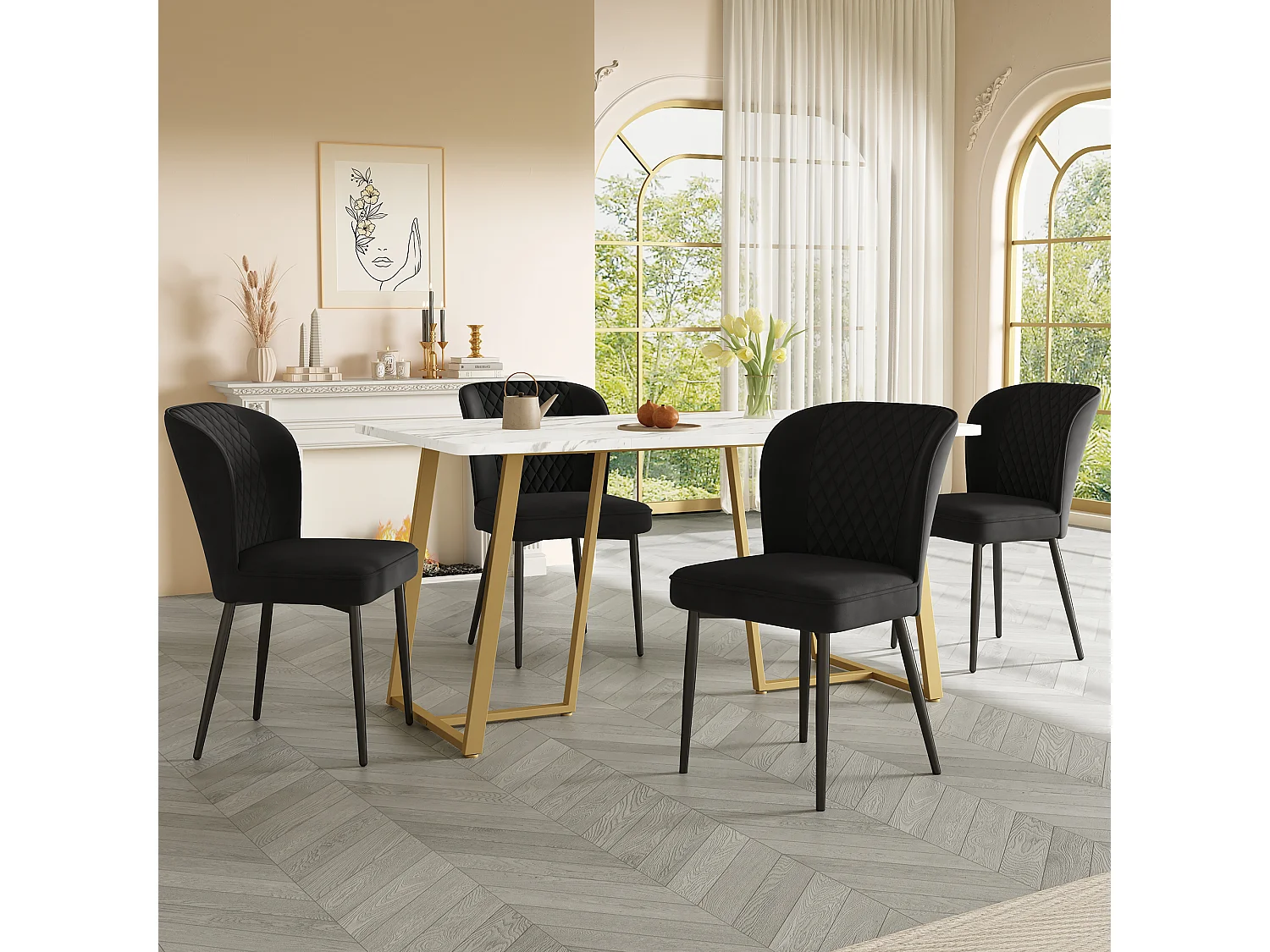 Set tavolo da pranzo 140 x 80 x 75 cm con 4 sedie in velluto - MDF + metallo dorato - Nero