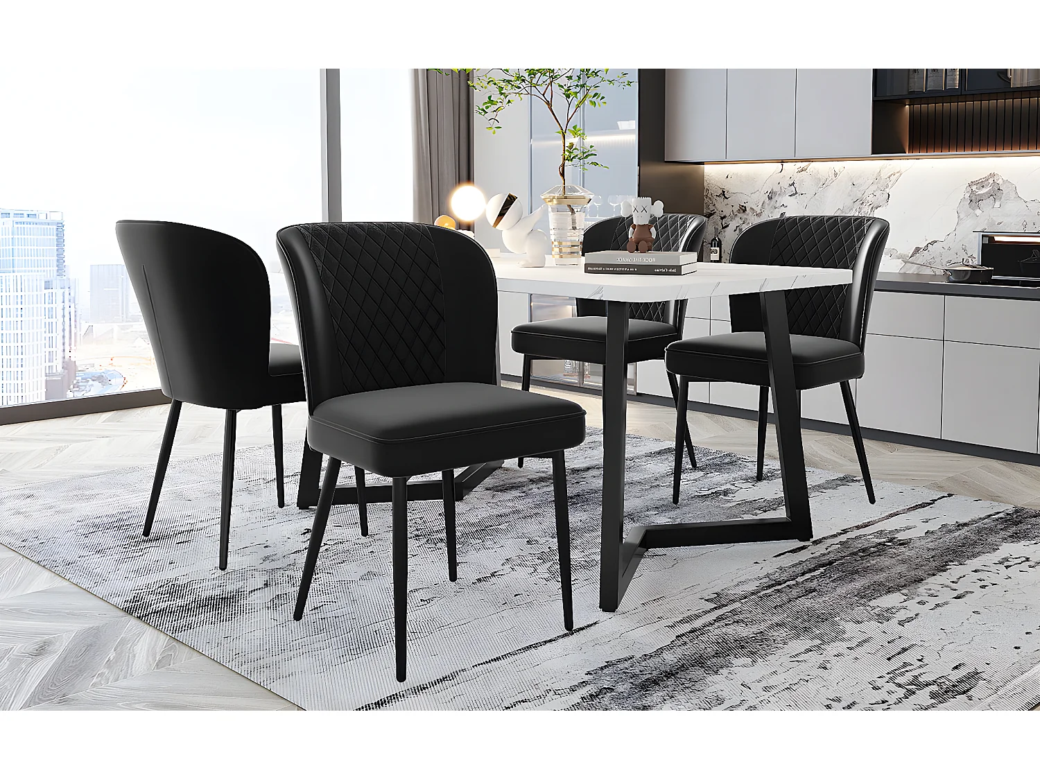 Ensemble table à manger 117x68x75cm avec 4 chaises en velours - Bois MDF et métal - Noir