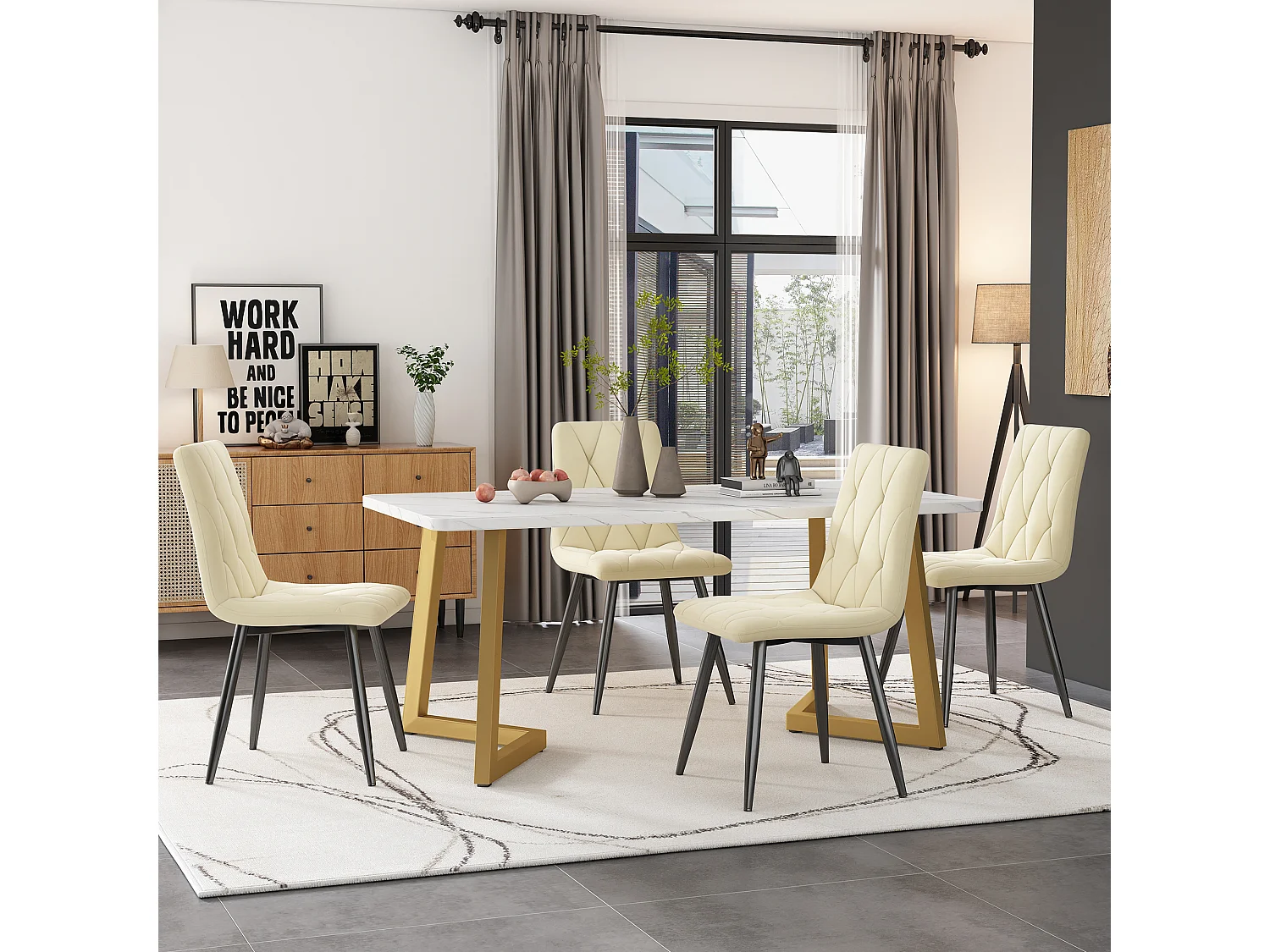 Tischset + 4 Samtstühle – goldene Metallbeine – Beige