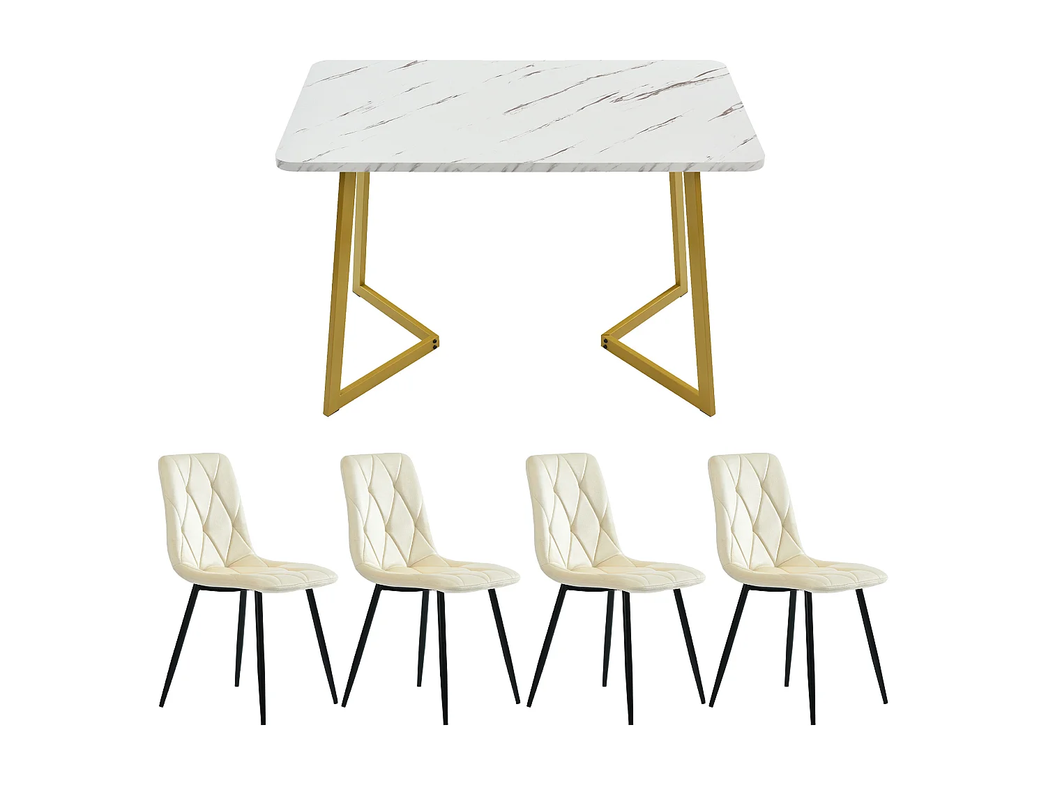 Tischset + 4 Samtstühle – goldene Metallbeine – Beige