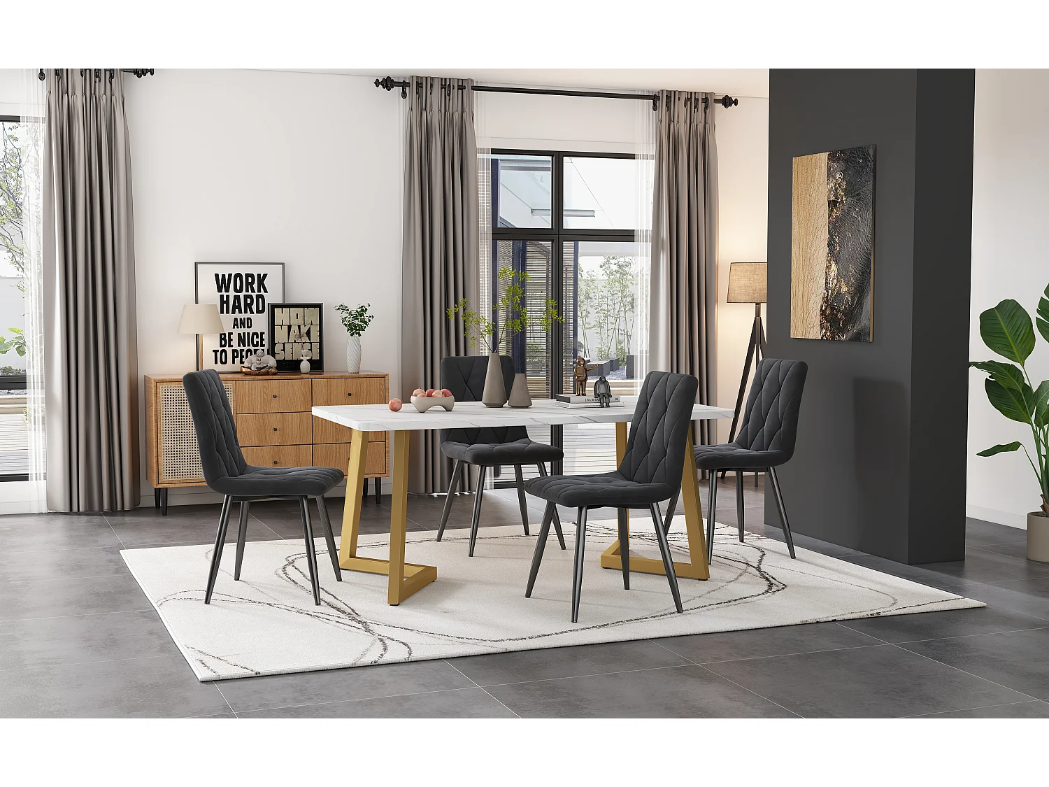 Ensemble table + 4 chaises en velours - pièds en métal doré - gris et blanc