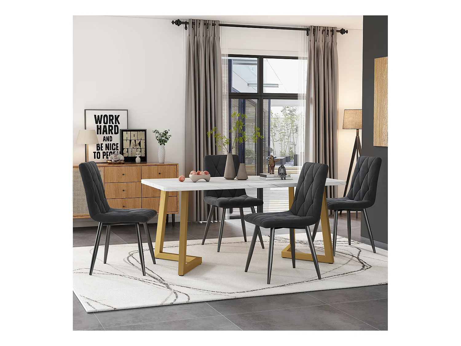 Ensemble table + 4 chaises en velours - pièds en métal doré - gris et blanc