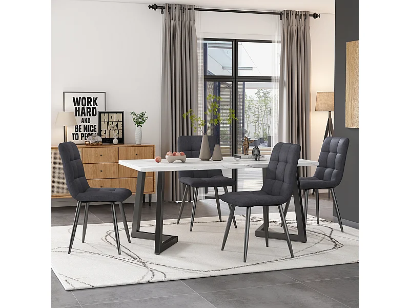 Ensemble table + 4 chaises en velours - pièds en métal - gris et blanc