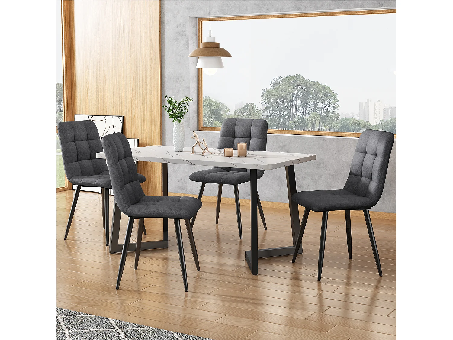 Ensemble table + 4 chaises en velours - pièds en métal - gris et blanc