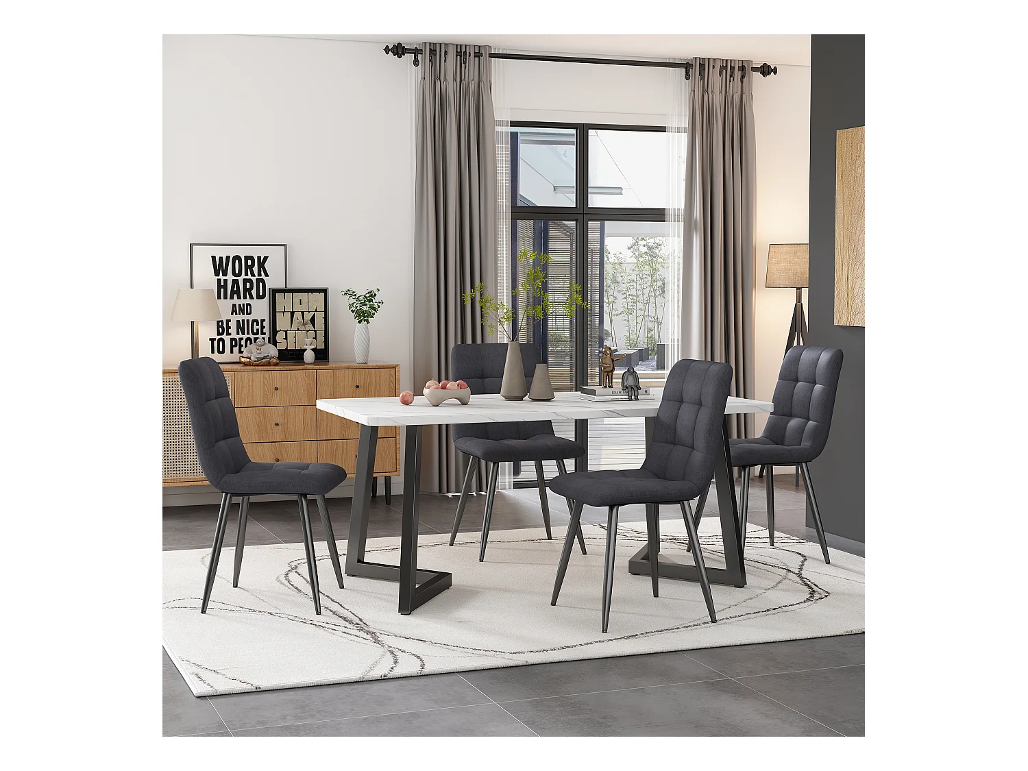 Ensemble table + 4 chaises en velours - pièds en métal - gris et blanc
