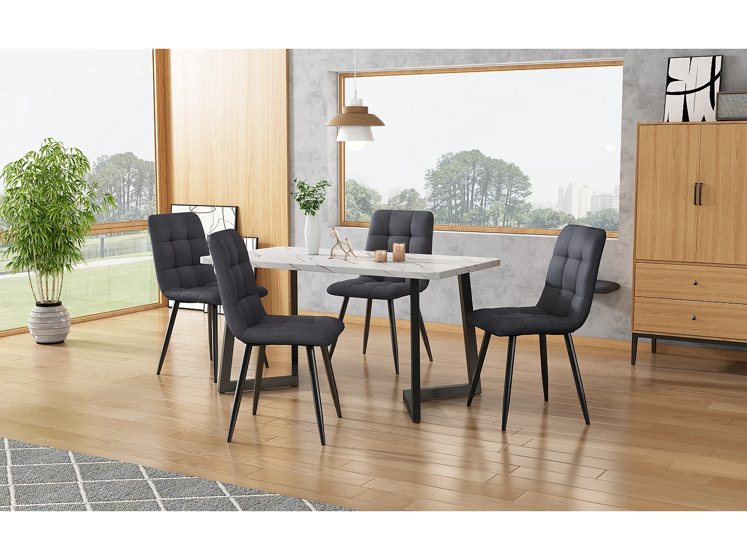 Tischset + 4 Samtstühle – Metallbeine – Grau und Weiß