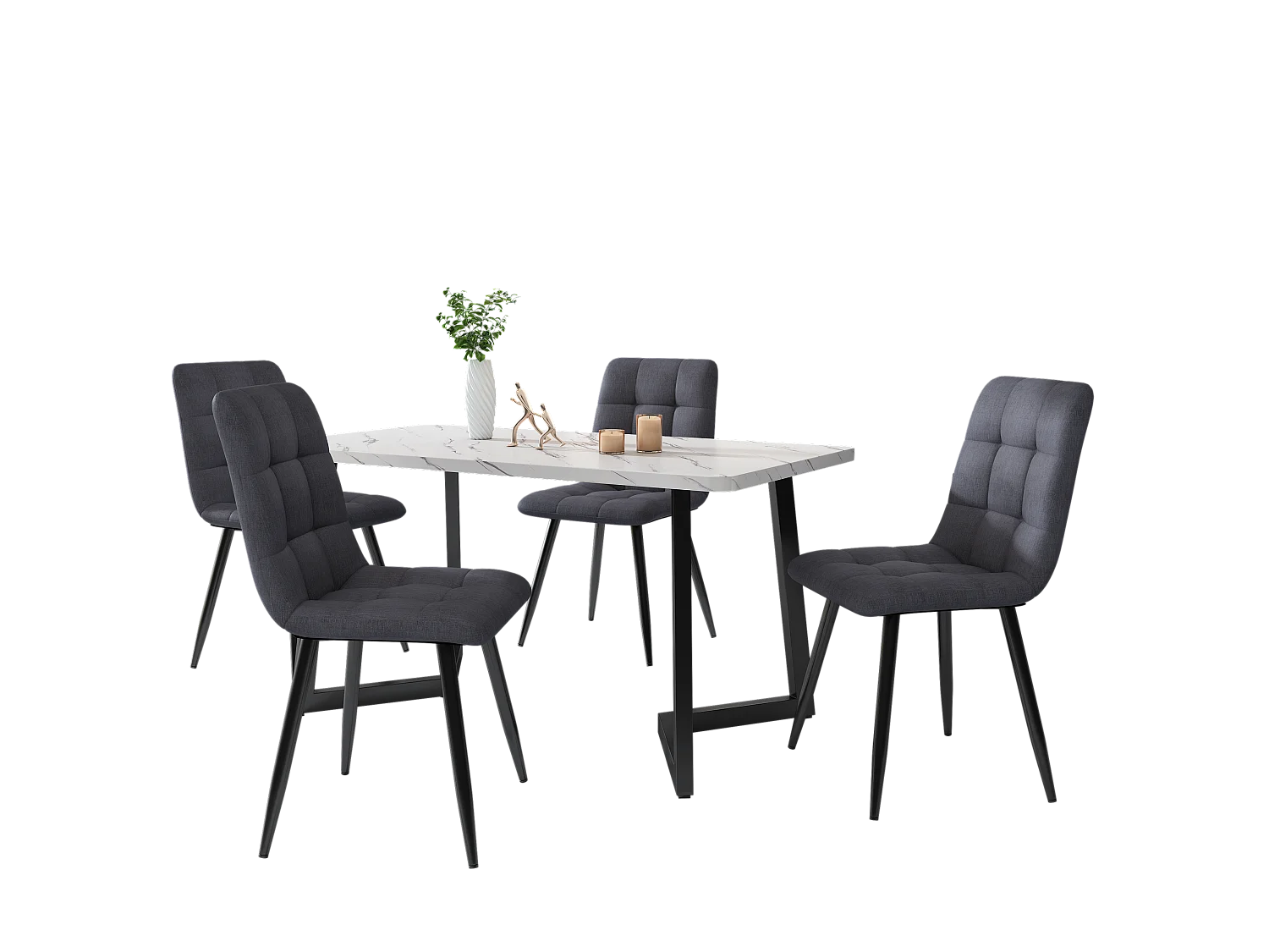 Tafelset + 4 fluwelen stoelen - metalen poten - grijs en wit