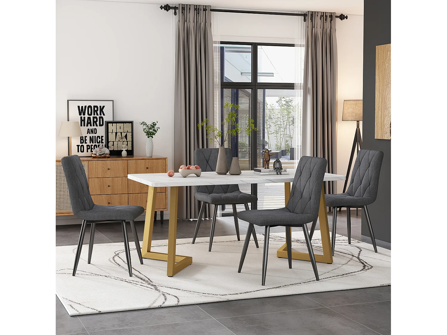 Conjunto de mesa + 4 cadeiras em linho - pés em metal dourado - cinza e branco
