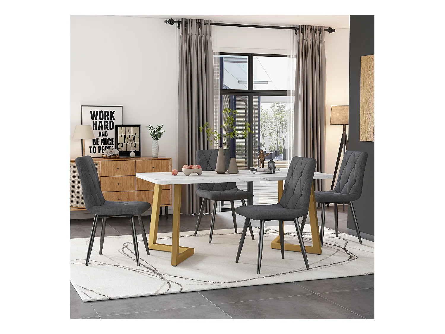 Ensemble table + 4 chaises en lin - pièds en métal doré - gris et blanc