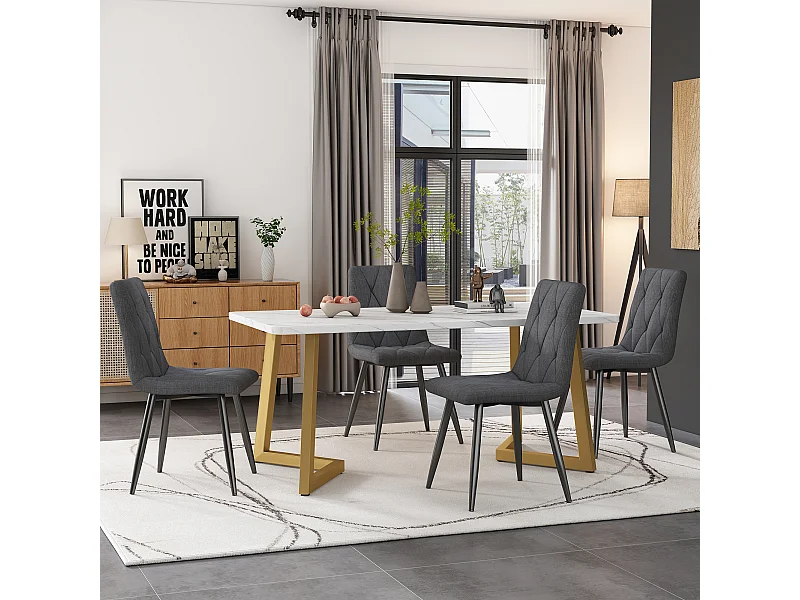 Ensemble table + 4 chaises en lin - pièds en métal doré - gris et blanc