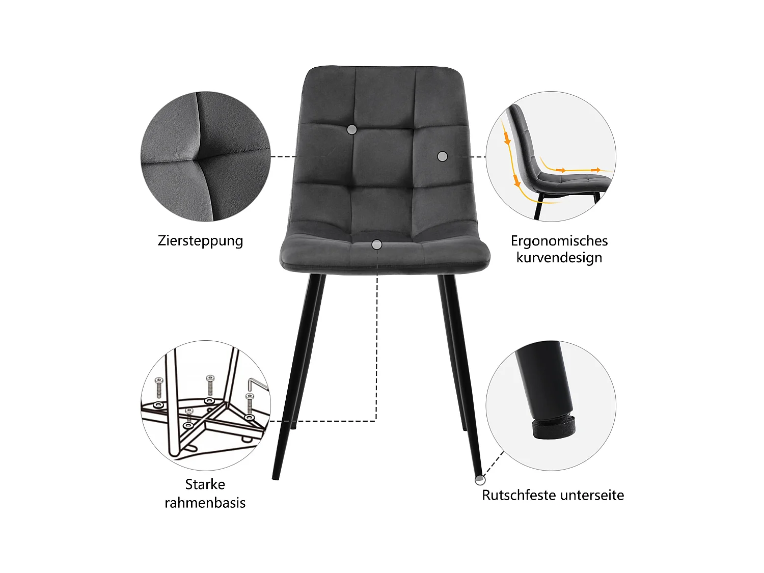 Tischset + 4 Samtstühle – Tisch 120 x 70 cm – Metallbeine – Grau und Weiß