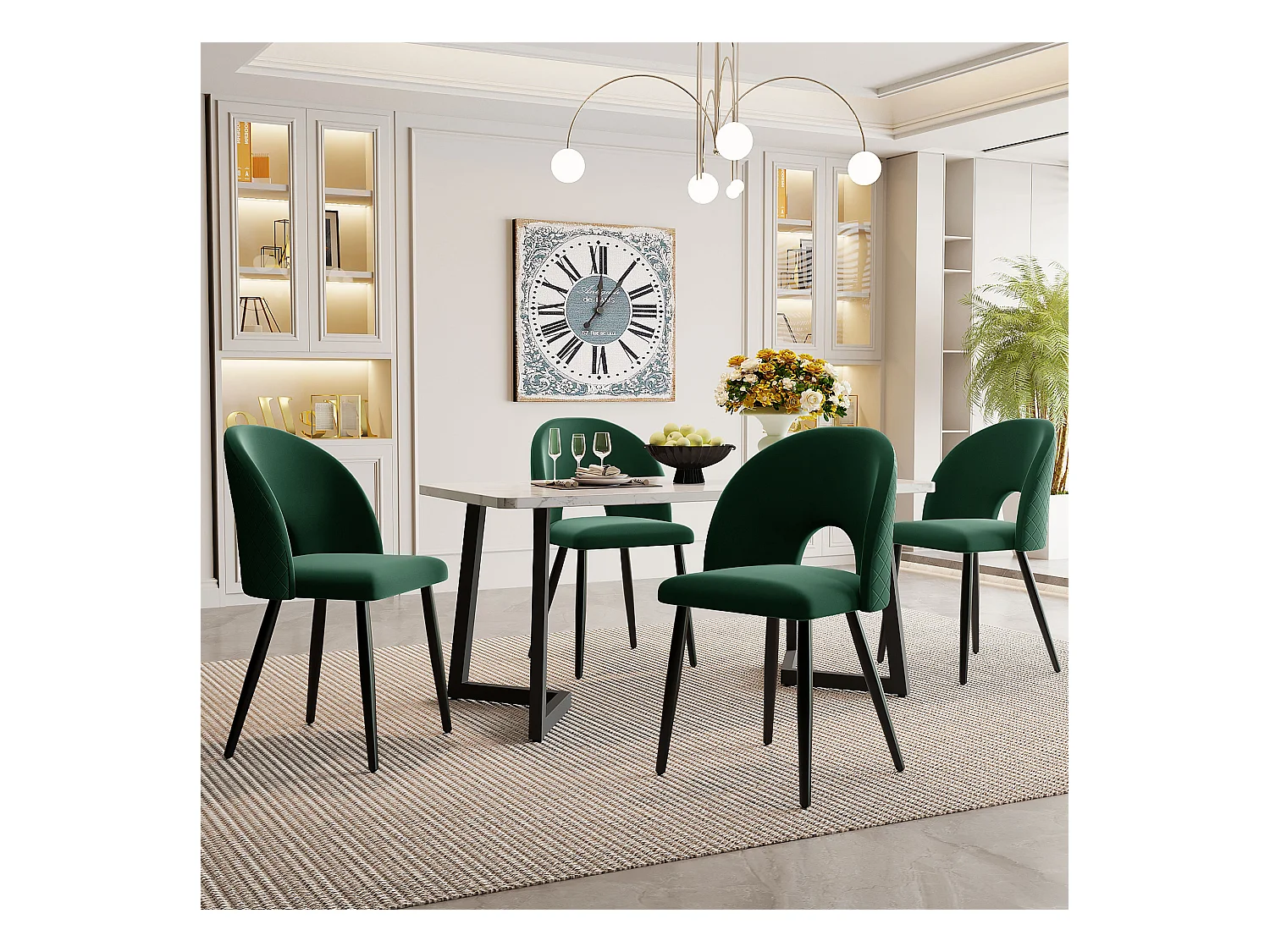Ensemble table + 4 chaises en velours - MDF + métal - Vert