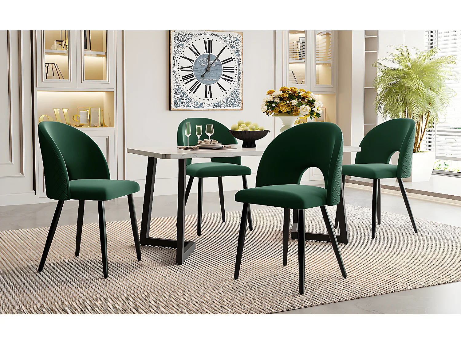 Ensemble table + 4 chaises en velours - MDF + métal - Vert