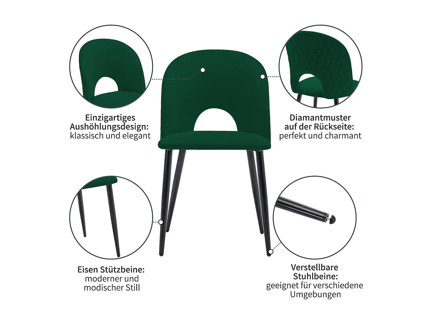 Ensemble table + 4 chaises en velours - MDF + métal - Vert