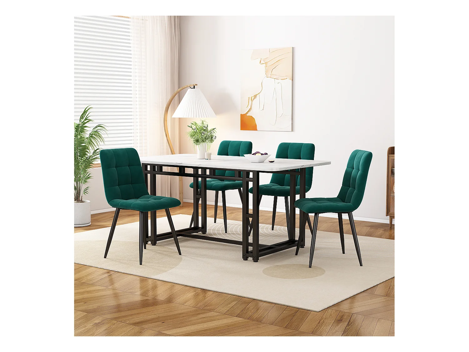 Ensemble table + 4 chaises en velours - table 120 x 70 cm - pièds en métal - vert et blanc