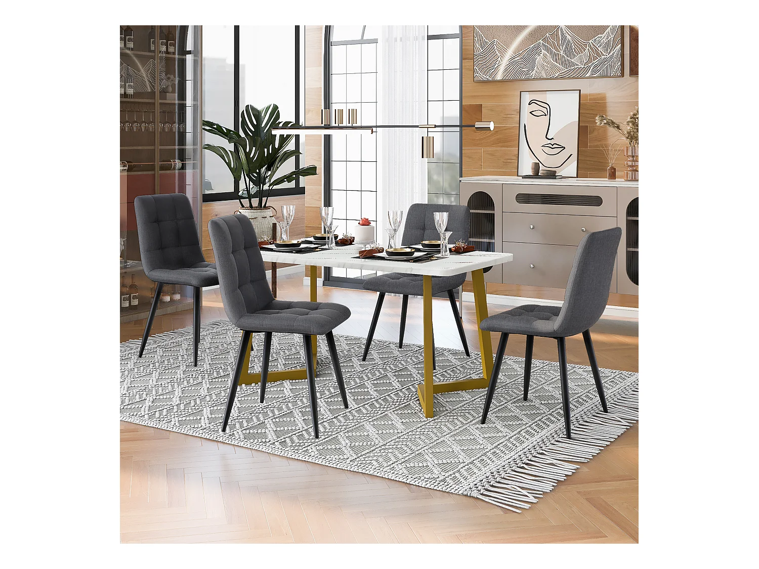 Ensemble table + 4 chaises en lin - pièds en métal doré - gris et blanc