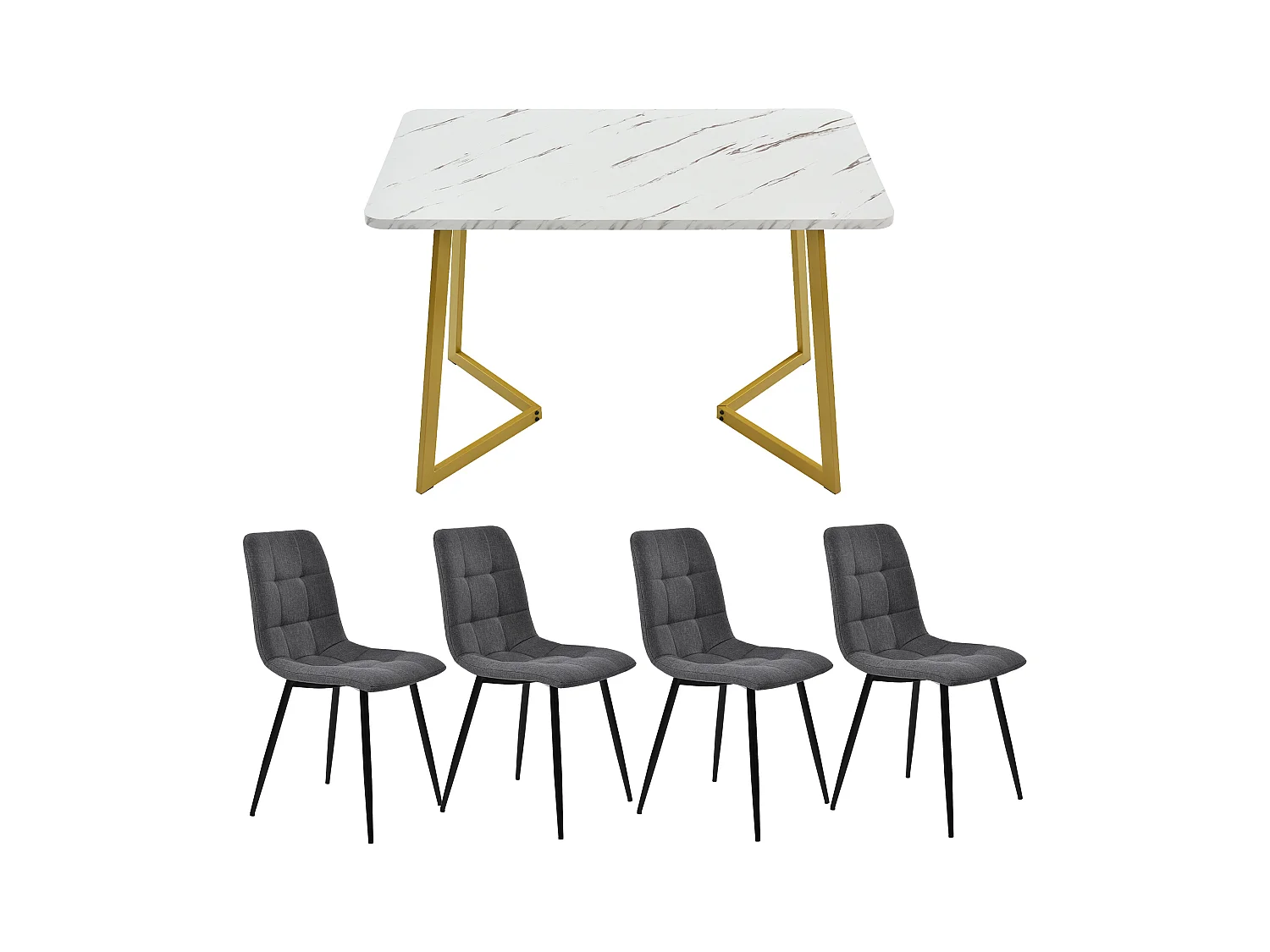 Tafelset + 4 linnen stoelen - goud metalen poten - grijs en wit