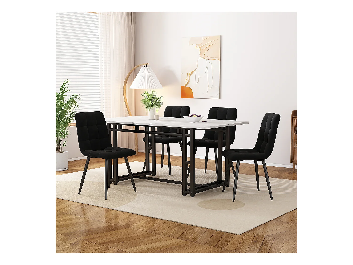 Ensemble table + 4 chaises en velours - table 120 x 70 cm - pièds en métal - noir et blanc