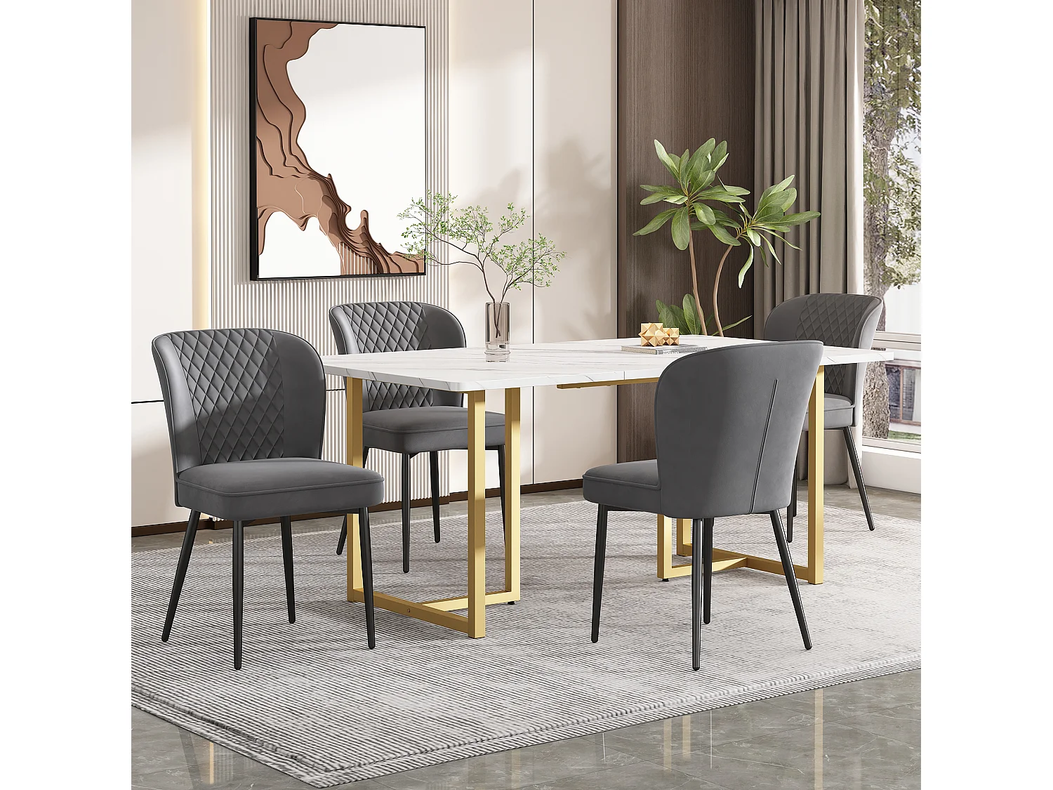 Ensemble table à manger 140 x 80 x 75 cm avec 4 chaises en velours - Bois MDF et métal doré - Gris