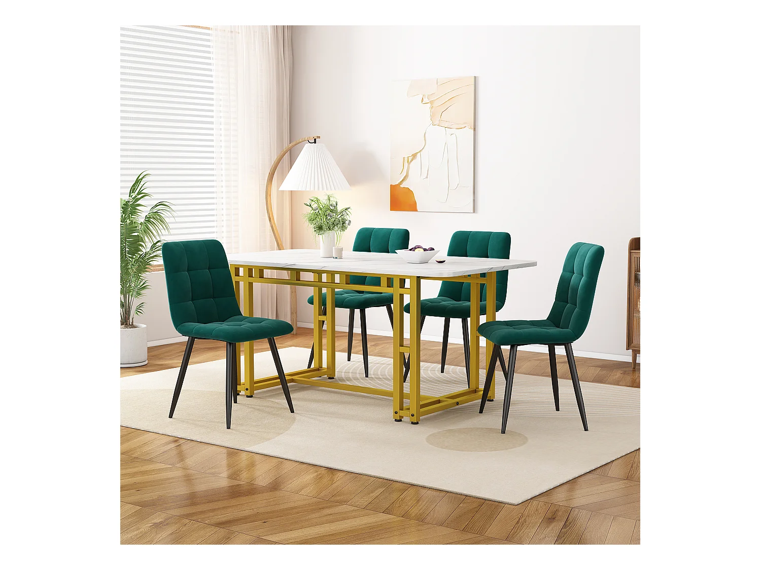 Ensemble table + 4 chaises en velours - table 120 x 70 cm - pièds en métal doré - vert et blanc