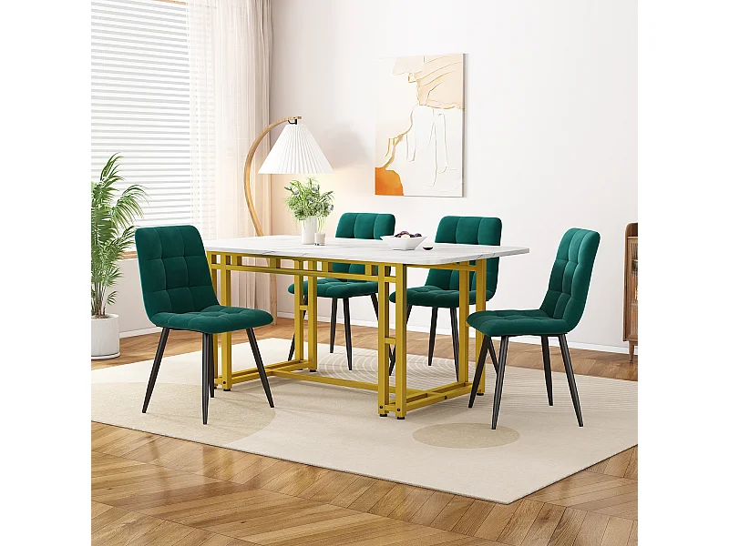 Ensemble table + 4 chaises en velours - table 120 x 70 cm - pièds en métal doré - vert et blanc