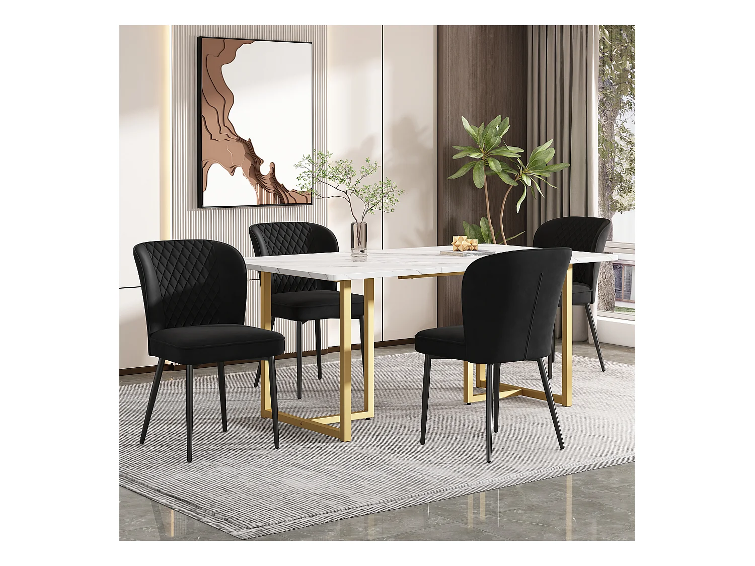 Ensemble table à manger 140 x 80 x 75 cm avec 4 chaises en velours - Bois MDF et métal doré - Noir