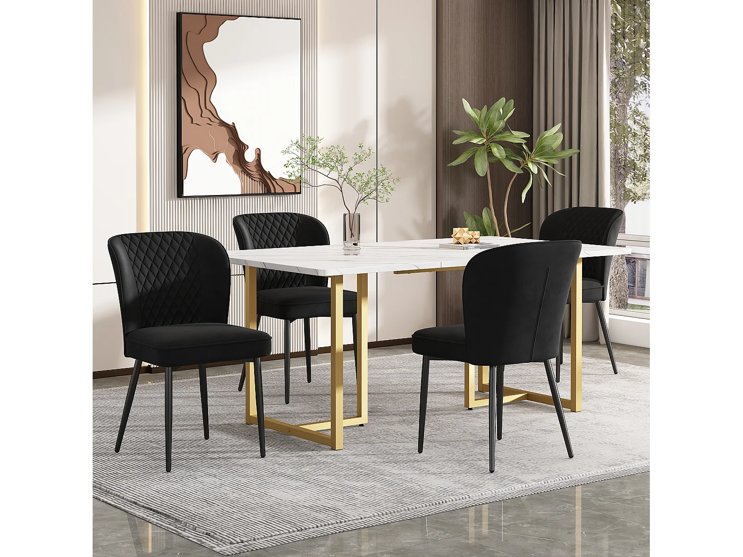 Ensemble table à manger 140 x 80 x 75 cm avec 4 chaises en velours - Bois MDF et métal doré - Noir