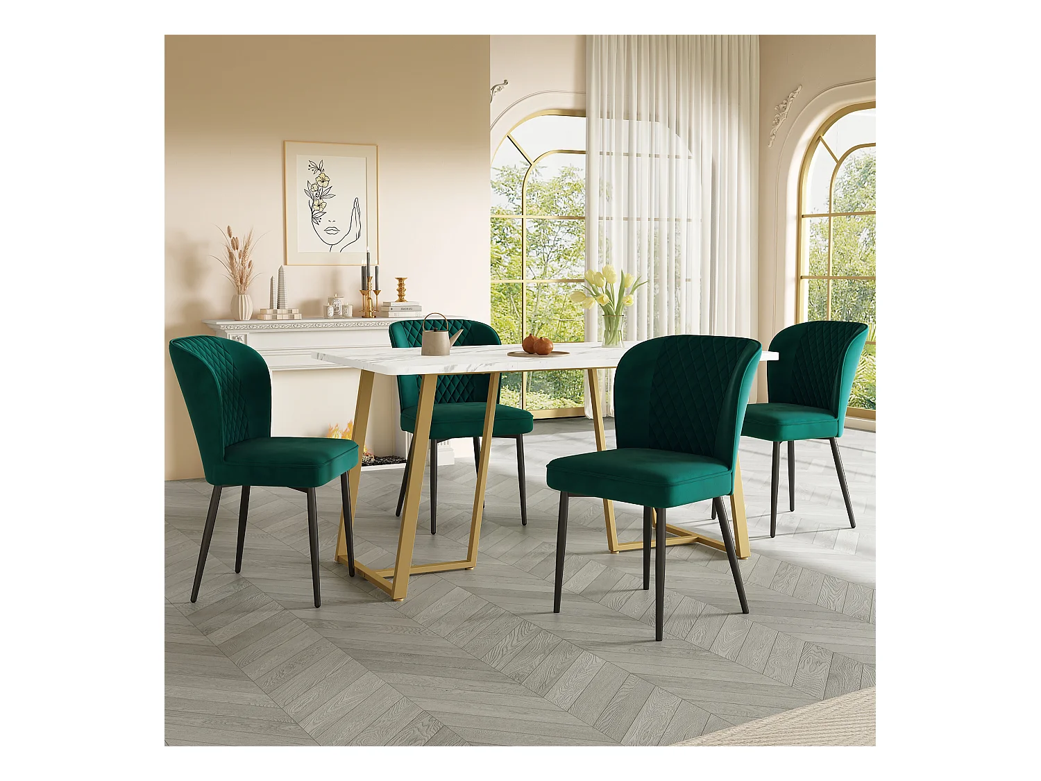Set tavolo da pranzo 140 x 80 x 75 cm con 4 sedie in velluto - MDF + metallo dorato - Verde
