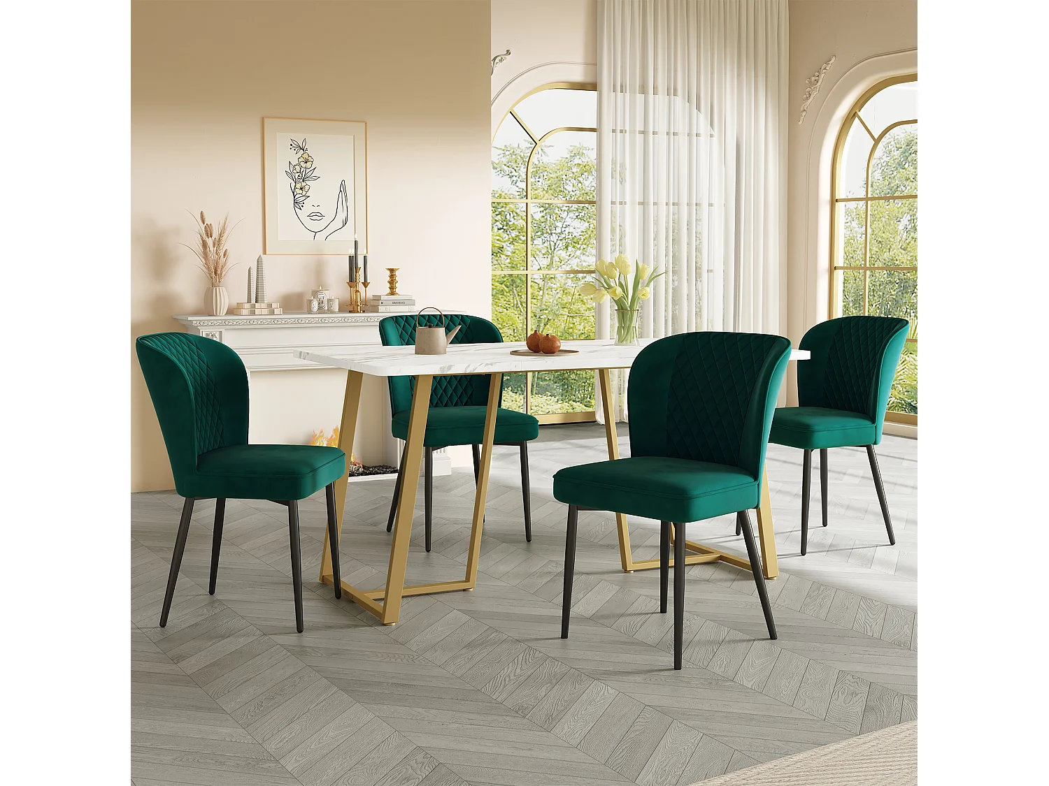 Ensemble table à manger 140 x 80 x 75 cm avec 4 chaises en velours - MDF + métal doré - Vert