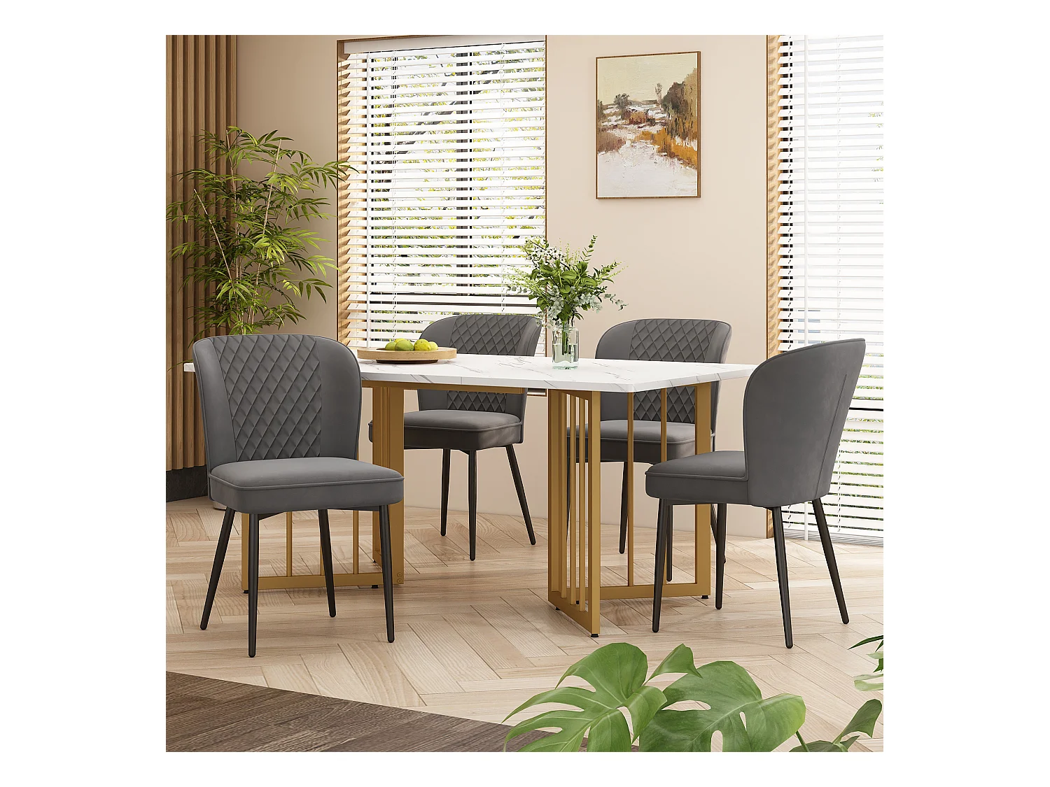 Ensemble table à manger avec 4 chaises en velours - Bois MDF et métal doré - Gris