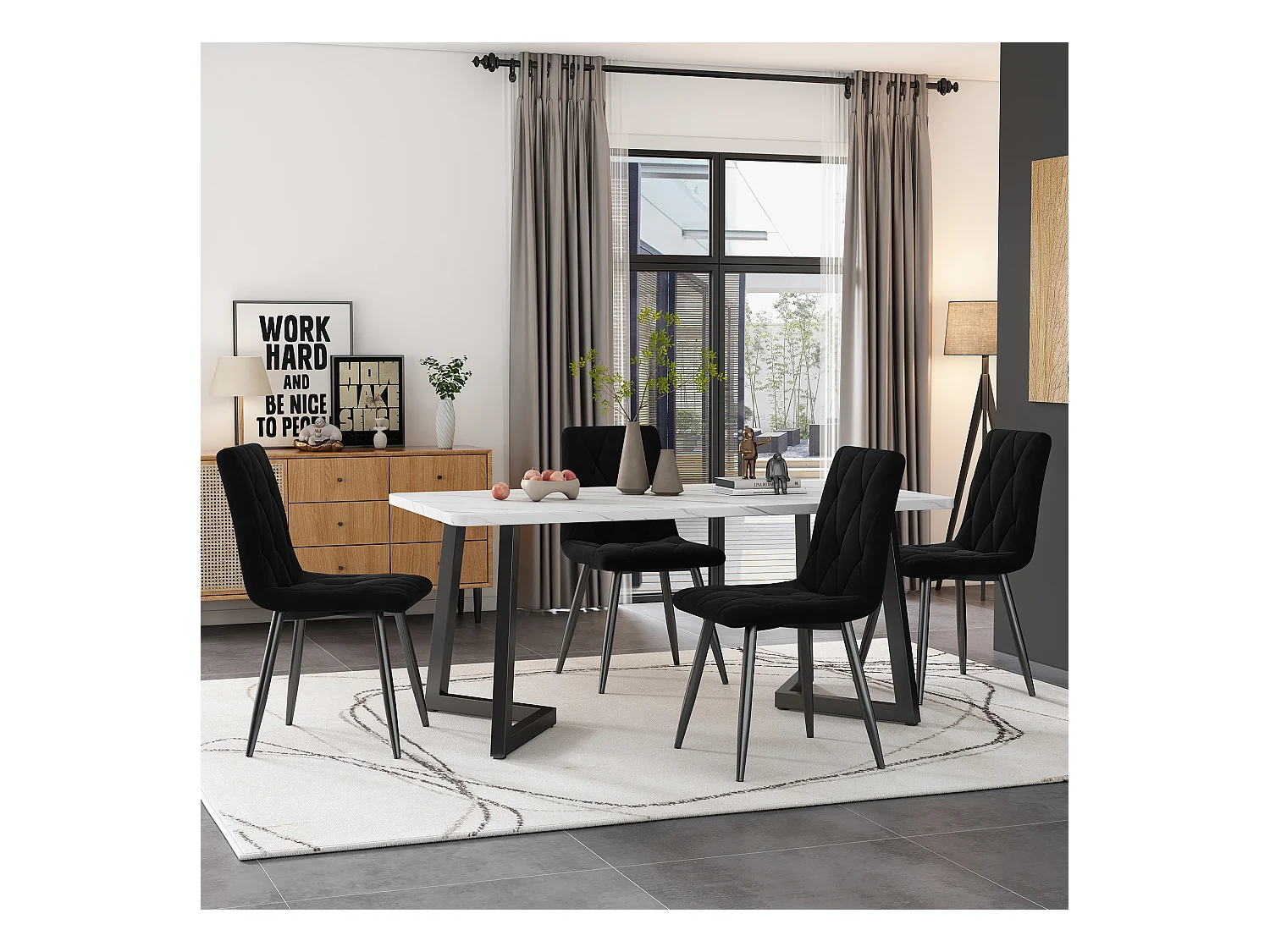 Ensemble table + 4 chaises en velours - pièds en métal - noir et blanc