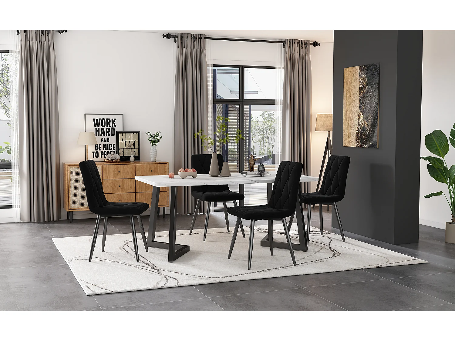 Ensemble table + 4 chaises en velours - pièds en métal - noir et blanc