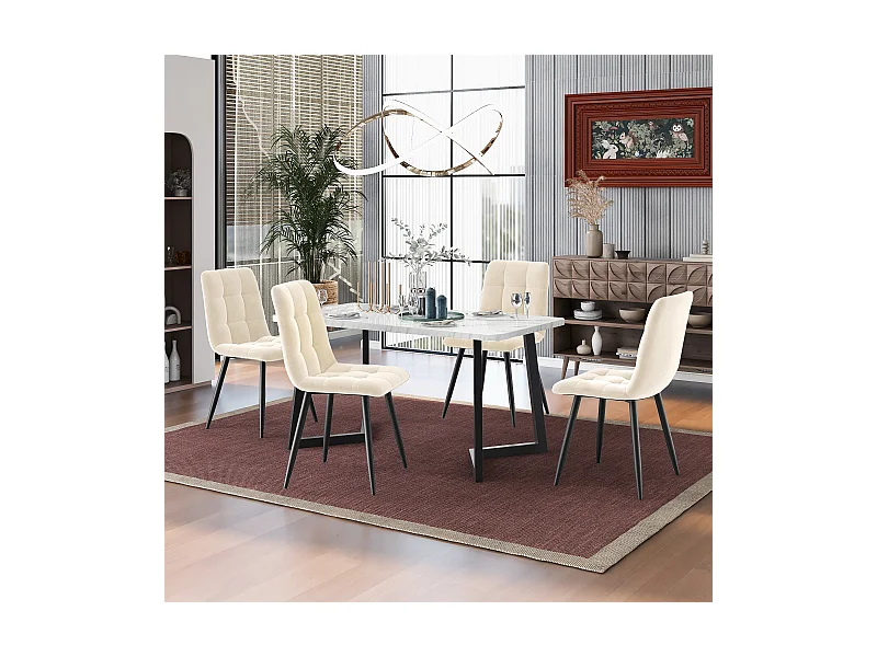 Ensemble table + 4 chaises en velours - pièds en métal - beige